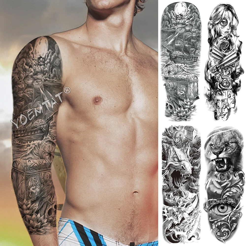 

Large Arm Sleeve Tattoo Deep Sea Dragon Waterproof Temporary Fake Tatoo Sticker Skull Nezha Warrior Men Women Full Totem Tatto