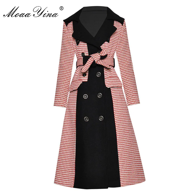 

MoaaYina Fashion Designer Woolen cloth Overcoat Winter Women Long sleeve Double breasted lace-up Houndstooth Overcoat