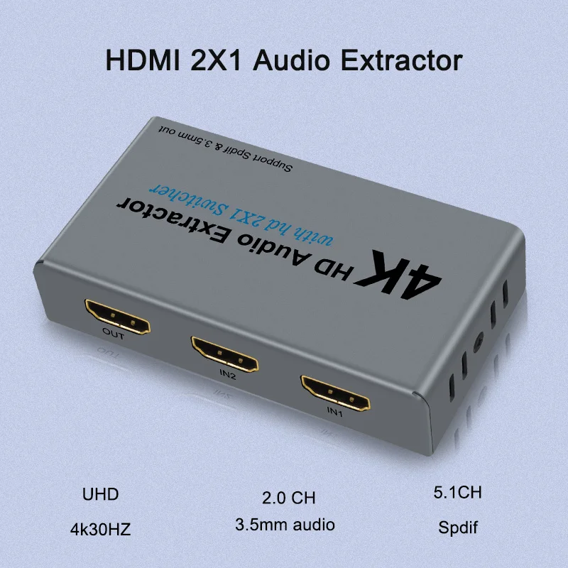 

4k Audio Adapter HDMI-compatible Audio Extractor HDMI-compatible 2X1 Converter SPDIF RCA 3.5mm Jack Output with dc cable