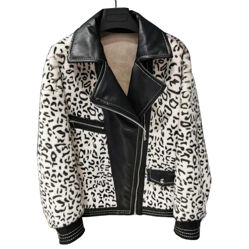 Winter jacket female short paragraph versatile gold velvet leather locomotive version lapel leopard fur coat netred