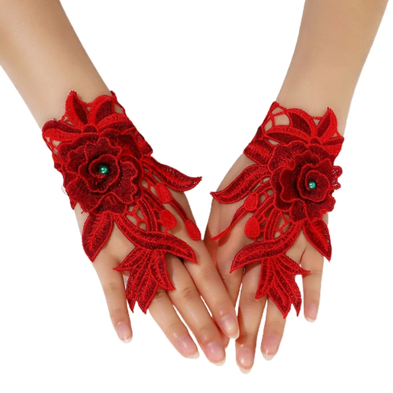 Embroidered Gloves with Tassel Hollow Floral Glove Fingerless Gloves Ethnic Floral Bracer Decoractive Wristband