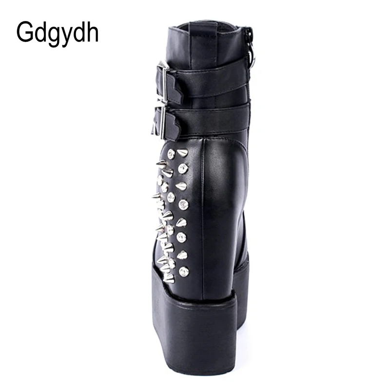 Gdgydh 2022 Round Toe Metal Rivets Ankel Boots For Women Black White Gothic Female Shoes Drop Shipping Wedges High Heels Shoes