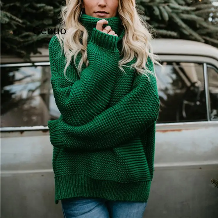 2021 Women Pullover Turtle Neck Autumn Winter Clothes Warm Knitted Oversized Turtleneck Sweater For Women's Green Tops Woman