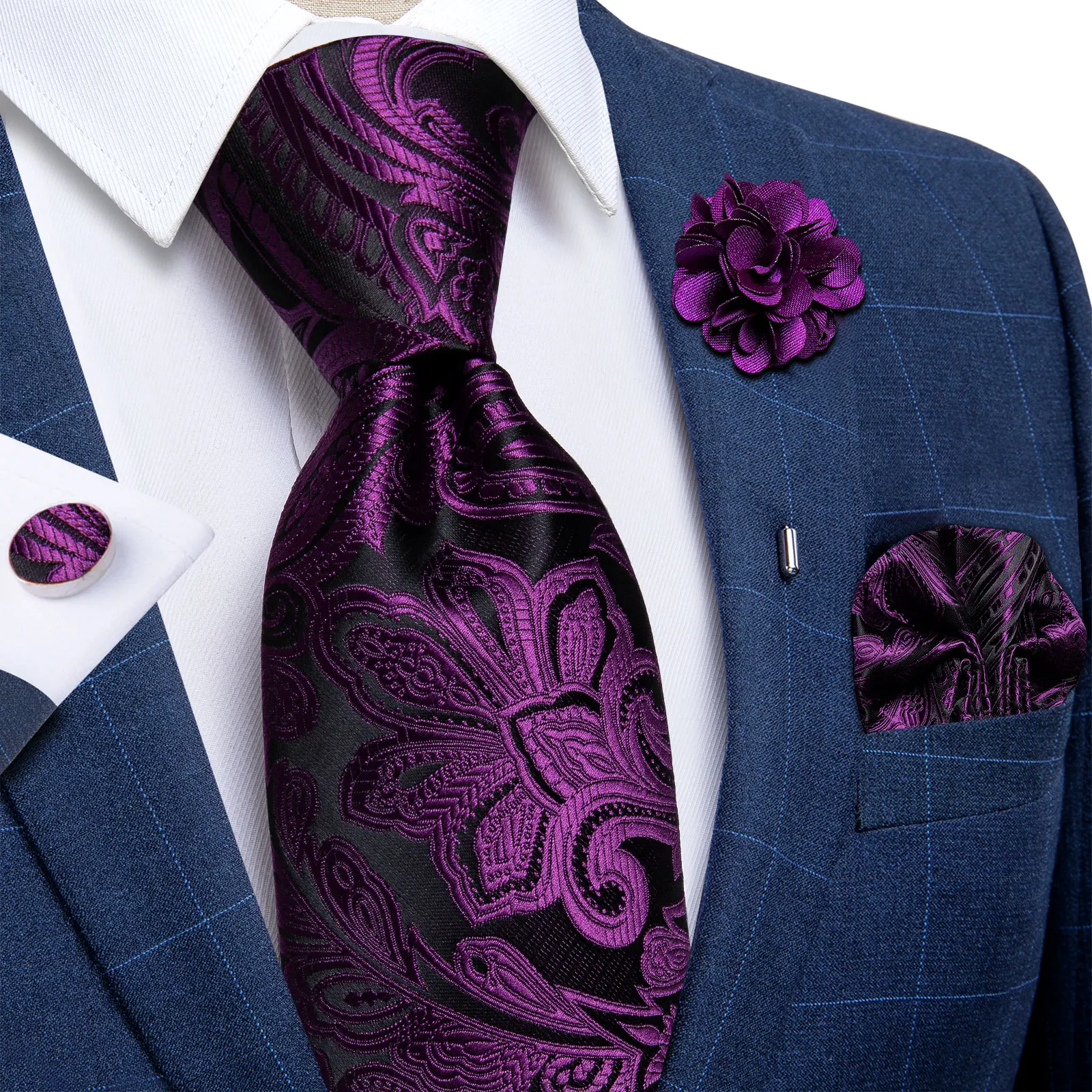 Blaue silberne Paisley-Krawatten für Herren, luxuriöses 8 cm breites Set mit Krawatte, Einstecktuch, Manschettenknöpfen, Brosche, Weihnachtsgeschenke für Männer – Detail 33