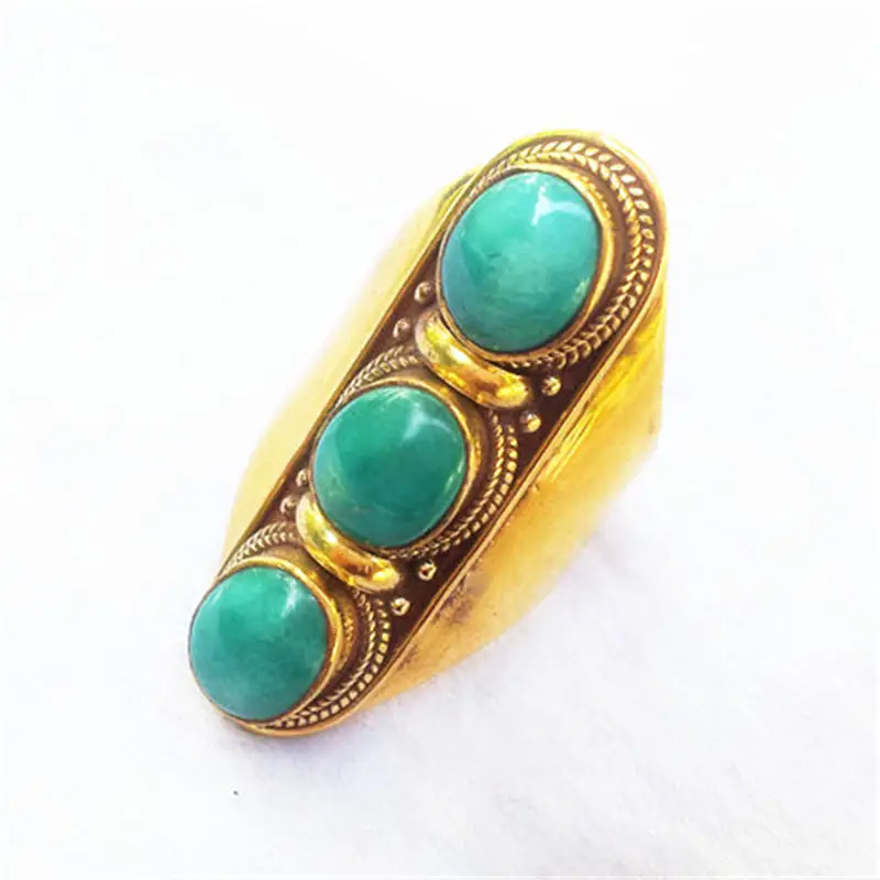 Nepal Vintage Jewelry Brass Inlay Natural Turquoiss Golden Finger Ring for Lady R165