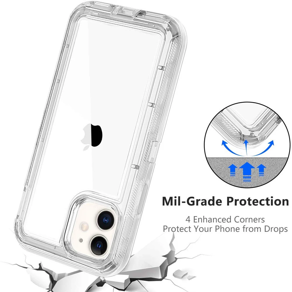 3 IN1 For iPhone 15 14 11 12 13 16Pro Max MINI XR XS X XSMAX SE 6 7 8 Plus Transparent Shockproof Armor Glossy Plain Phone Cover