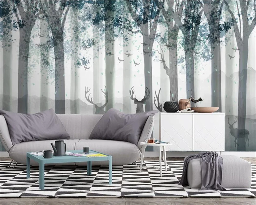 

Custom wallpaper Nordic hand-painted fresh forest elk sofa TV background living room bedroom decoration 3d wallpaper