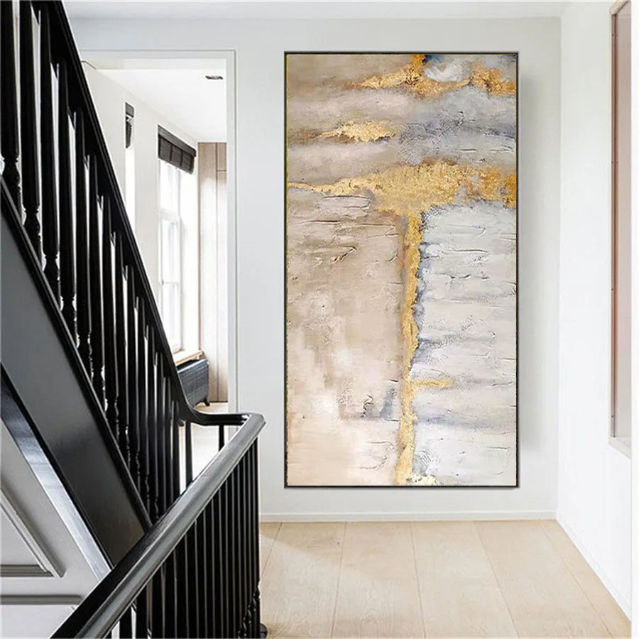 100% Hand-Painted Abstract Gold Foil Craft Modern Light Luxury Home Canvas Oil Painting Decor Living Room Corridor Wall Poster