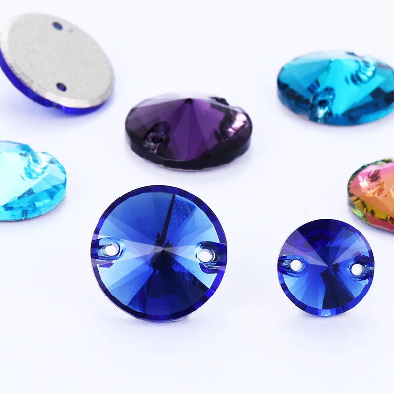 Twinkling Aquamarine Amethyst Round K9 Glass Rivoli Sew on Rhinestones Flat Back Strass Crystal Buttons Sew on Clothing Crafts