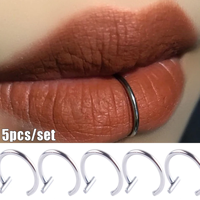 5Pcs /set  Lip Nose Rings Neutral Punk Earrings Nose Clip Fake Diaphragm with Perforated Lip Ring Hoop Body Jewelry Steel Rings