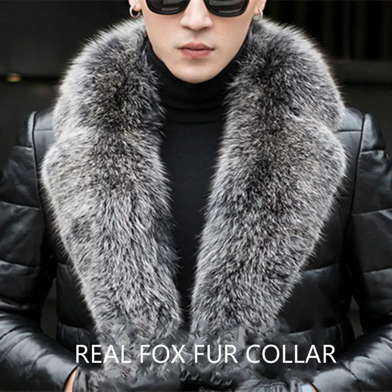 Men\'s Genuine Leather Down Jacket Male Winter Coat Men Fox Fur Collar Sheepskin Leather Jackets Jaqueta De Couro KJ651