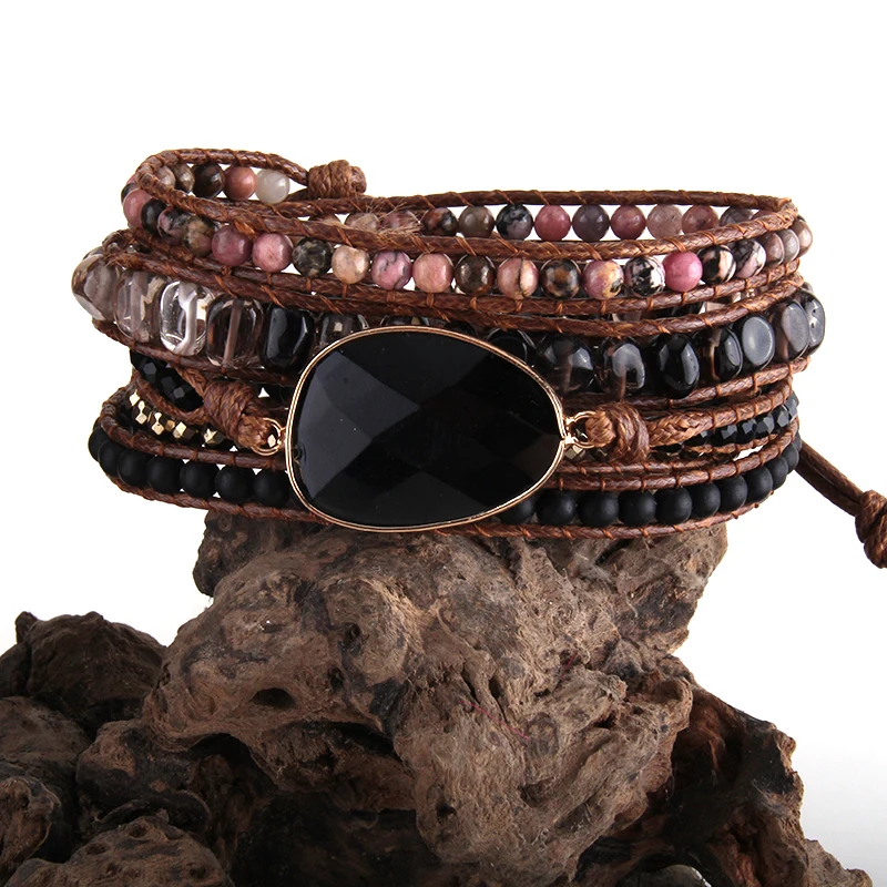 Fashion Boho Bracelet & Beaded Armbander Black Natural Stones Charm Woven Wrap Bracelets