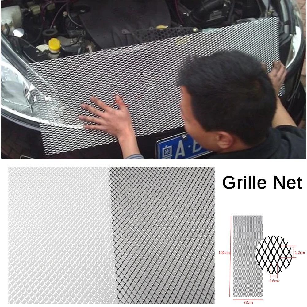 Universal 100x33cm Aluminum Car Vehicle Black Body Rhombus Grille Black /Silver Net Mesh Grill Section