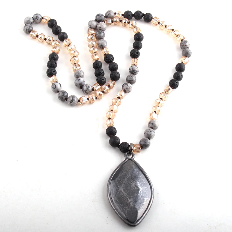 Fashion Bohemian Tribal Jewelry Multi Stone Beige Glass Long Knotted Black Metal Heart Pendant Necklaces