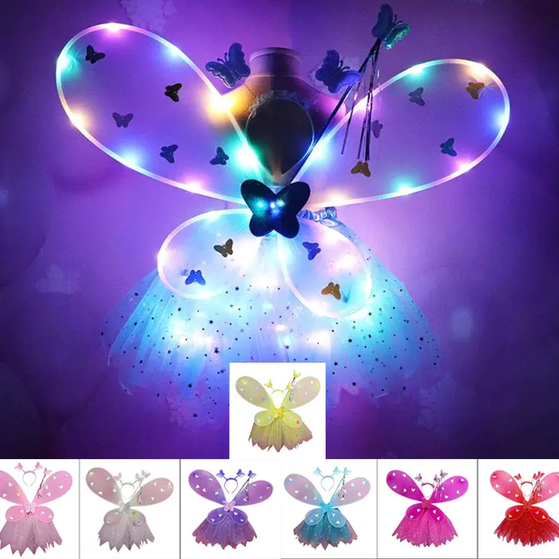 4Pcs/Set Kids Girls Fairy Clothes Flashing LED Tutu Skirts Glowing Fairy Stick Wing Hairband Party Role-playing Props Dance Wear