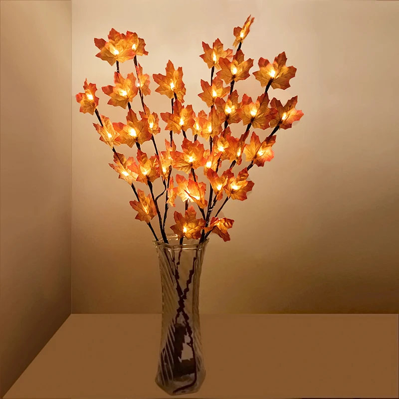 

20LED Maple Leaf Branch Light Lighted Twig Branches Battery Operated Maple Leaf Table Lights for Thanksgiving Autumn Fall Decor