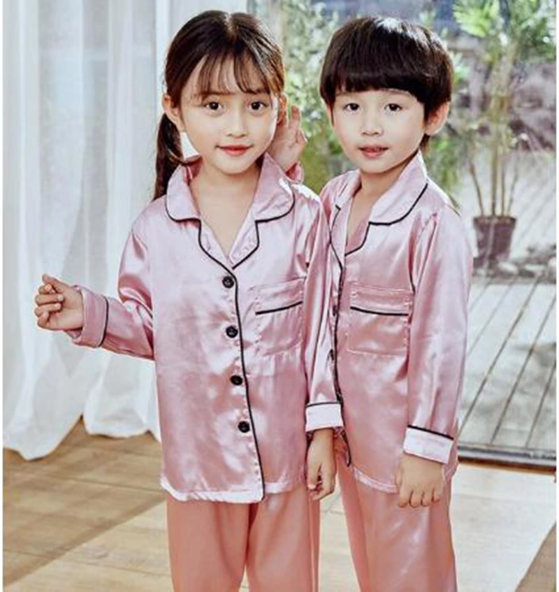 New Button-Down Spring Autumn Children Satin Pajamas Sets Kids Girls Solid Silk Long Sleeve 2 Pieces Tops+Pants Sleepwear Pyjama