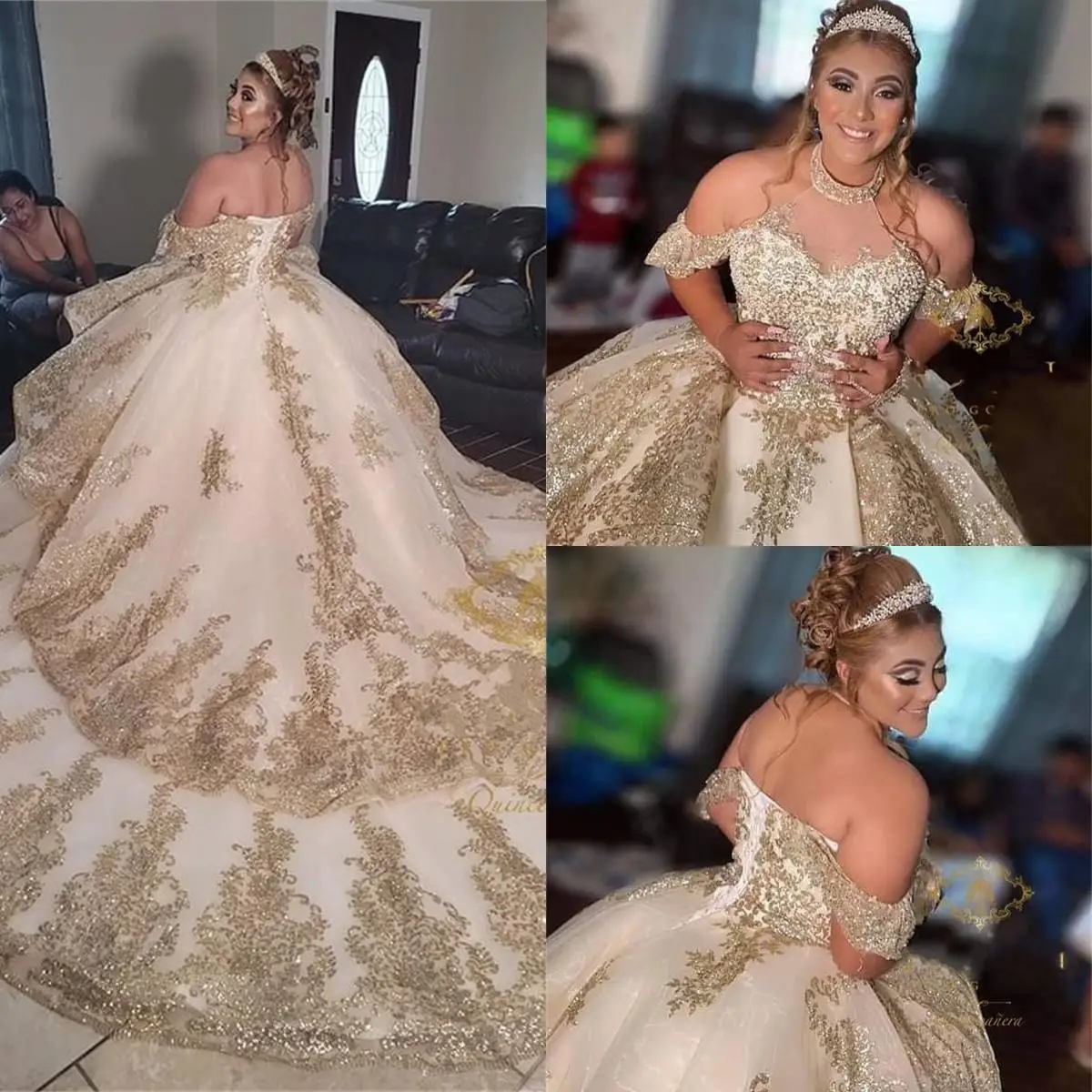 

Princess Champagne gold Quinceanera Dresses High Off Shoulder Applique Beading Sweet 16 Dress Pageant Gowns vestidos de 15 años