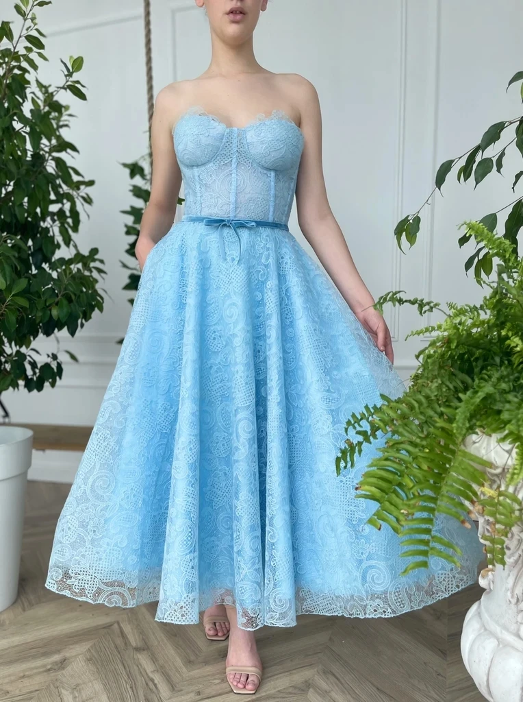 

Sky Blue Moroccan Prom Dresses A-line Sweetheart Ankle Length Lace Backless Robe De Soiree Prom Gown Evening Dresses