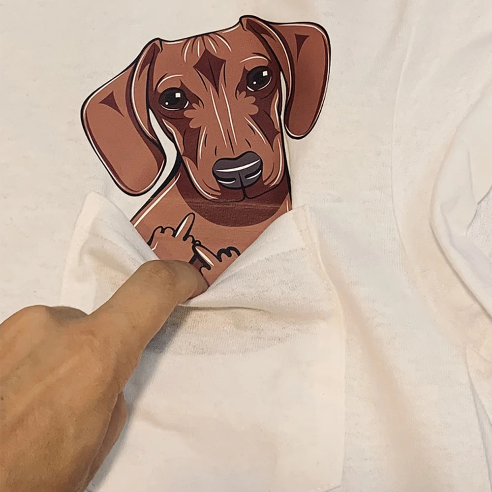 CLOOCL Animals Cotton T-Shirt Dachshund Dog with Middle Finger In The Pocket Funny Printed T-shirt Fashion Hip Hop Cotton Tees