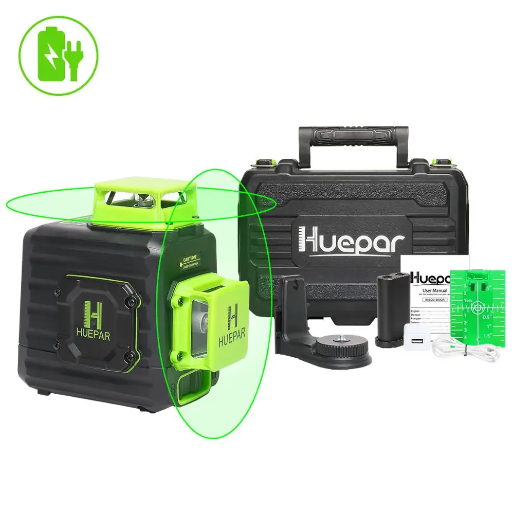 Huepar 2X360 Baterai Li-ion Sinar Hijau Level Laser Perata Mandiri Garis Silang dengan Port Pengisi Daya Tipe C & Casing Keras
