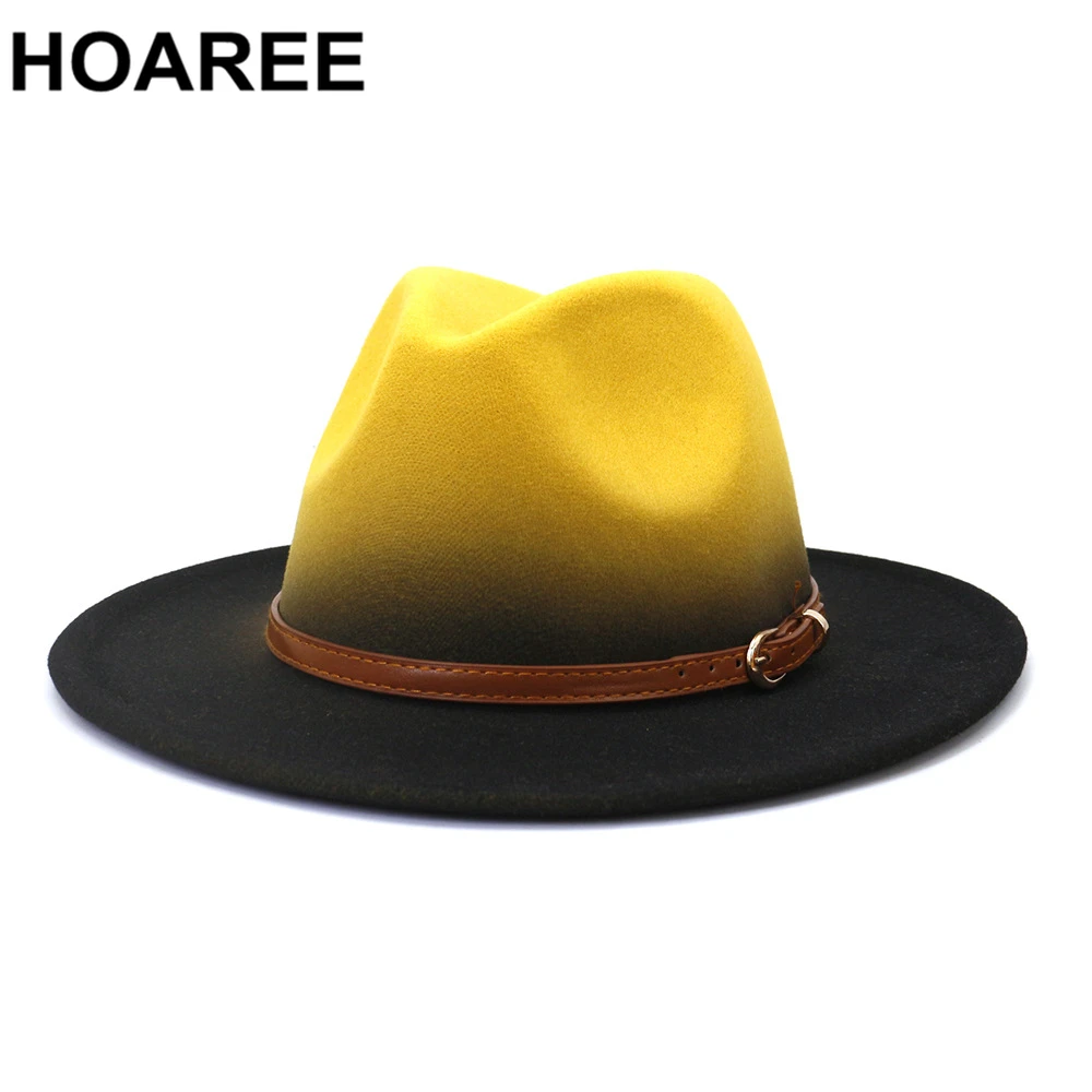 HOAREE Gradient Color Hats for Women Men Fedora Hat Autumn Winter Wide Brim Jazz Caps British Vintage Panama Womens Felt Hat