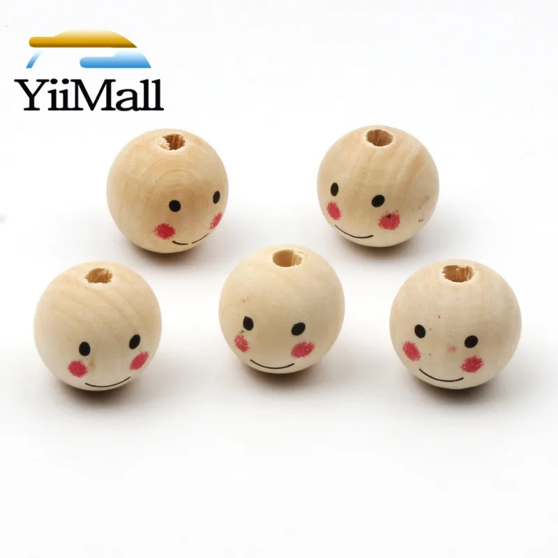 5-20pcs Natural Wooden Round Beads 12/20/25mm Smile Loose Balls Spacer Beads For Jewelry Making Bracelet DIY Necklace Accessorie