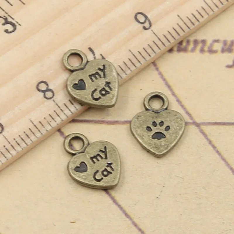 30pcs Charms Heart Love My Cat Paw 12x9mm Tibetan Bronze Silver Color Pendants Antique Jewelry Making DIY Handmade Craft