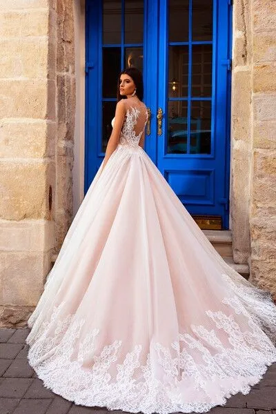 Vintage 2019 Erröten Champagne Sheer Neck Spitze hochzeit kleid Puffy Gericht Zug Brautkleider EINE Linie Nach Maß Hochzeit Kleider