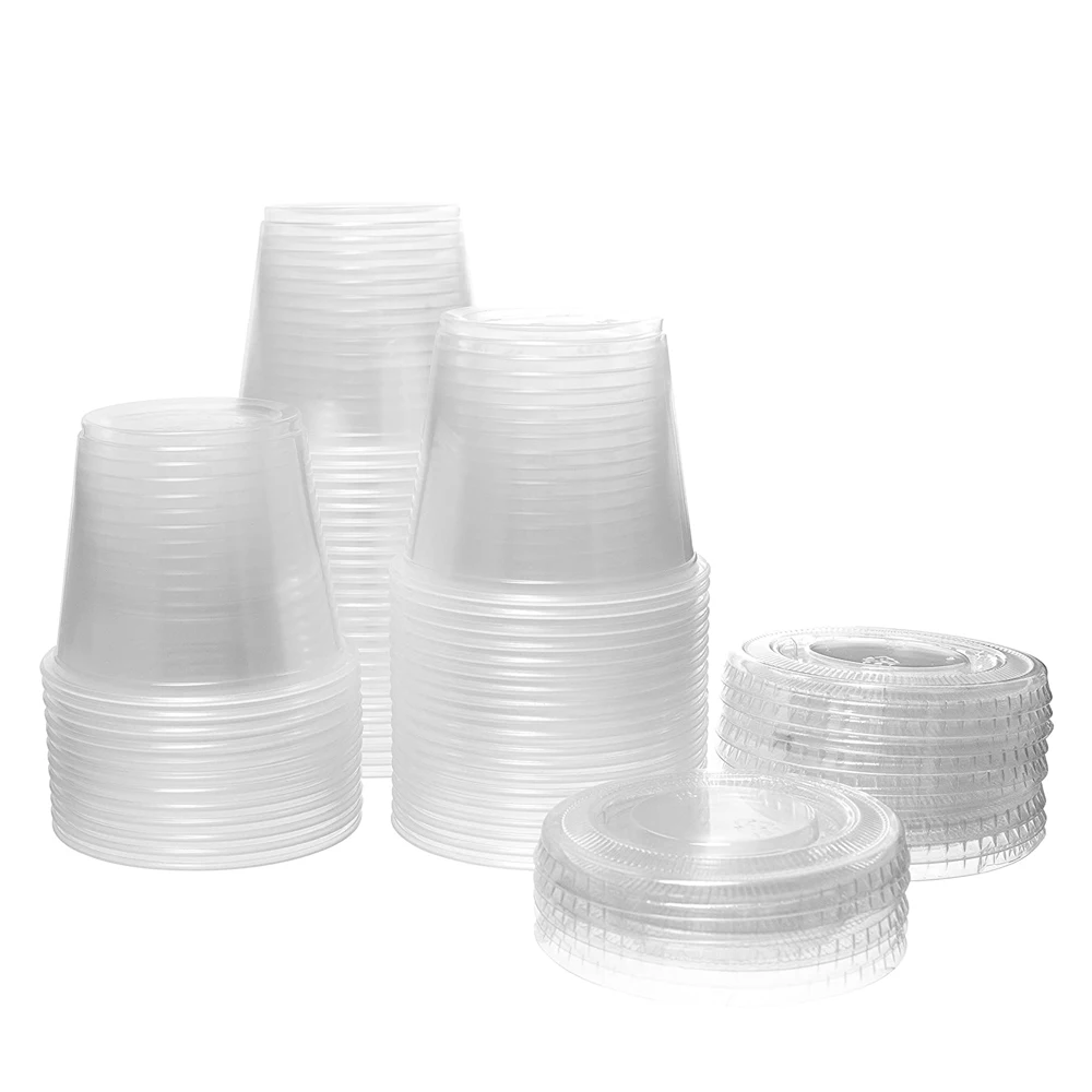 (5.5 oz 100 Sets) Disposable Plastic Portion Cups with Lids, Condiment Cups, Jello Shot, Souffle Portion, Sampling Cups – Clear