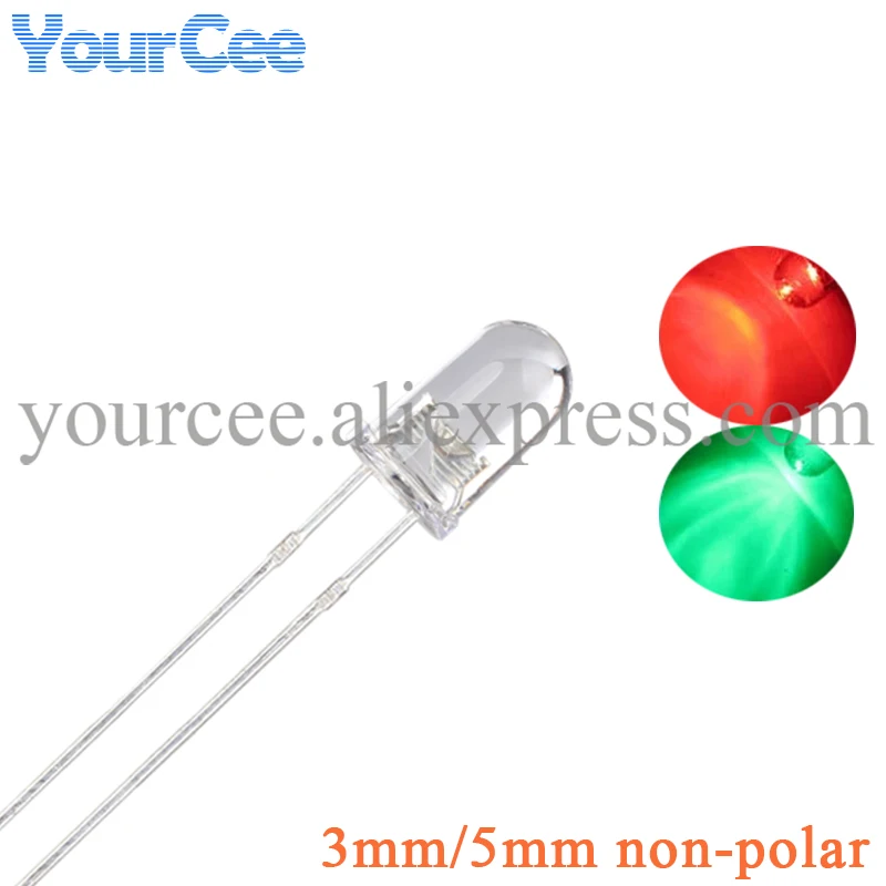 100PCS 5mm 3mm LED Bi-Color Clear Red/Green Fog/Diffused Non-Polar Round Light Emitting Diode Two Plug-in DIP DIY Kit