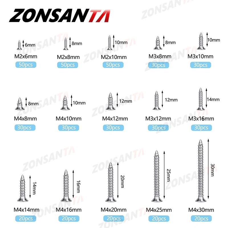 ZONSANTA M2 M3 M4 Self-Tapping Screw 304 Stainless Steel Phillips Flat Head Wood Screws Assortative Kit Fitment Tool accessories