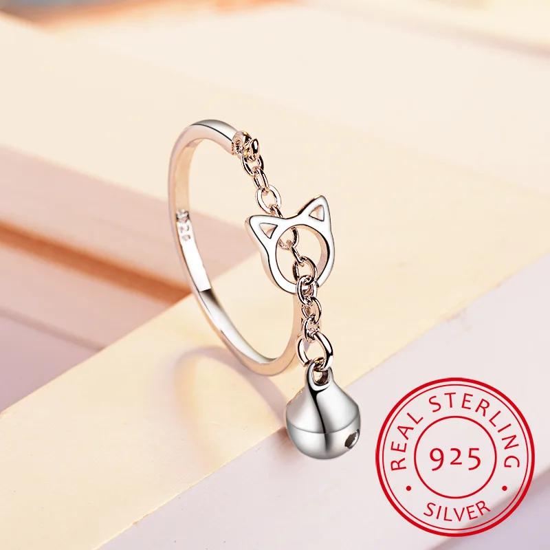 2019 Free Shipping Silver Open Ring 925 sterling silver Cat Jing Bell Ring For Women Jewelry Finger Ring For Party Birthday Gift