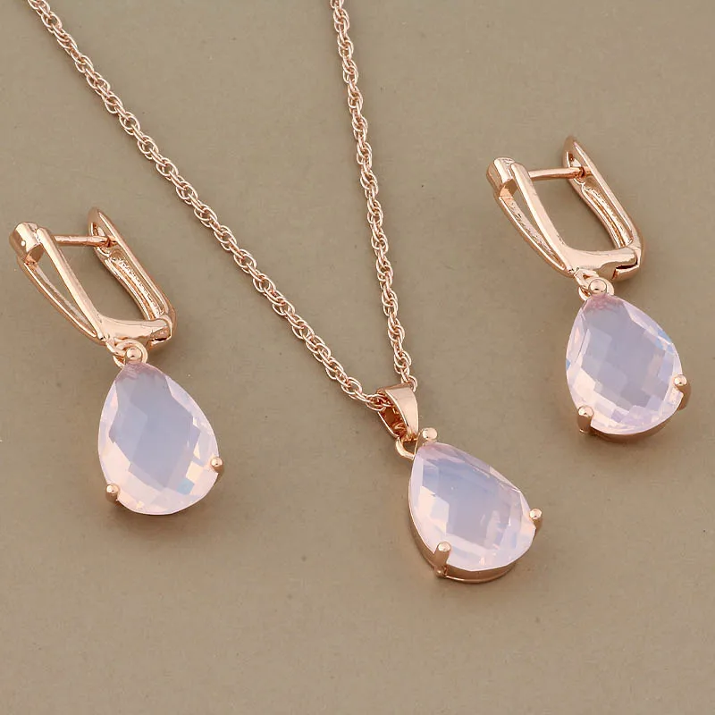 

New Trendy Long Water Drop Dangle Zircon Earrings Jewelry Sets For Women Rose Gold Color Korean Fashion Wedding Jewelry