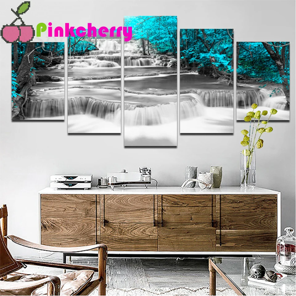 

5 Piece Set 5D diamond painting Waterfall Tree Bright 3d diamond mosaic Full round diamond embroidery Blue Landscape Art k543