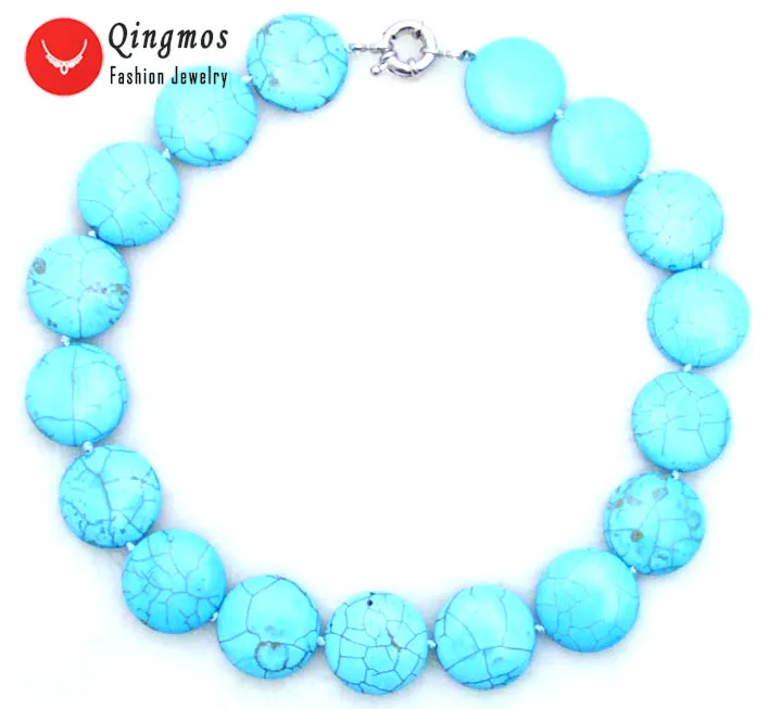 Qingmos 25mm Round Coin Natural Blue TURQUOISE Necklace for Women with Genuine Stone Necklace 17