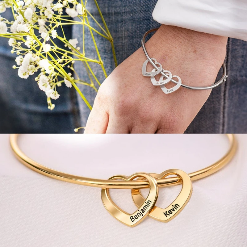 Engrave Family Name Heart Stainless Steel Charms Customized Bracelets for Women Bangle Personalized DIY Jewelry Gift for Woman