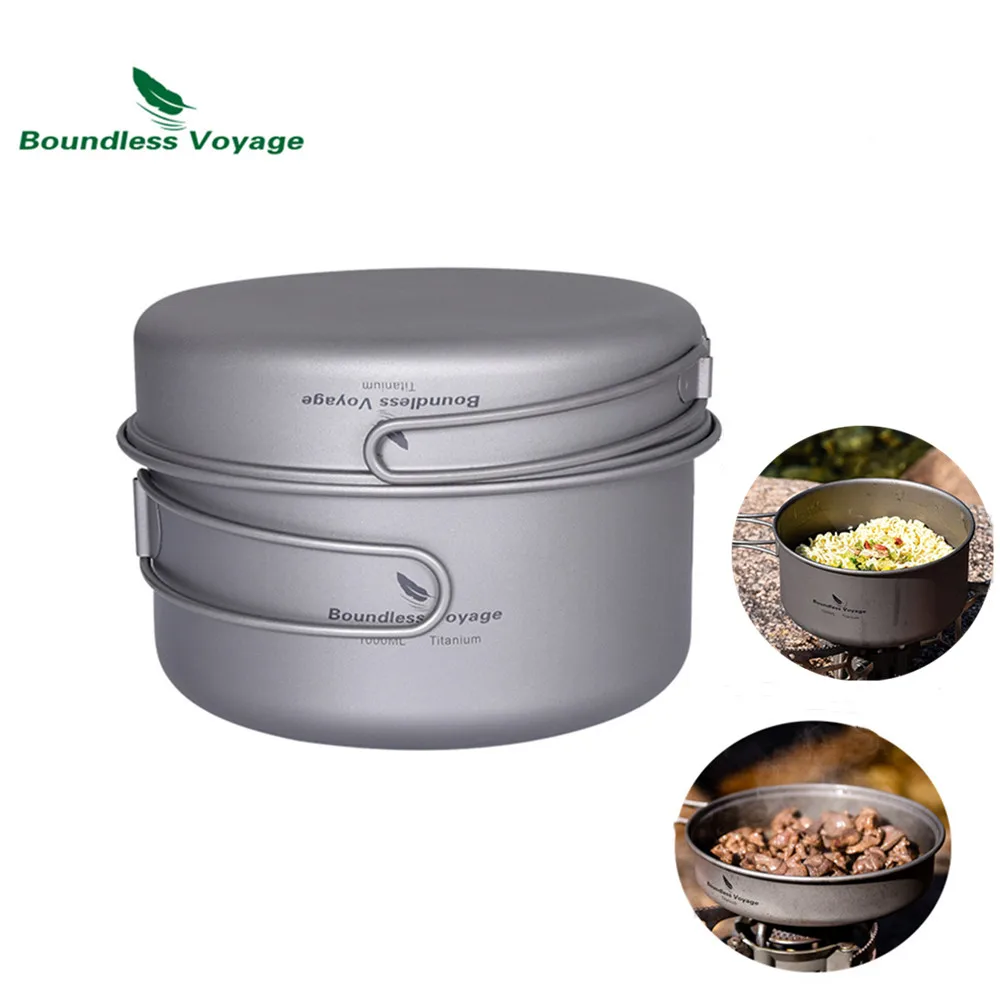 

Boundless Voyage Titanium Pot Pan Set 1000ml & 500ml with Folding Handle Outdoor Camping Soup Frying Pan Mess Kit