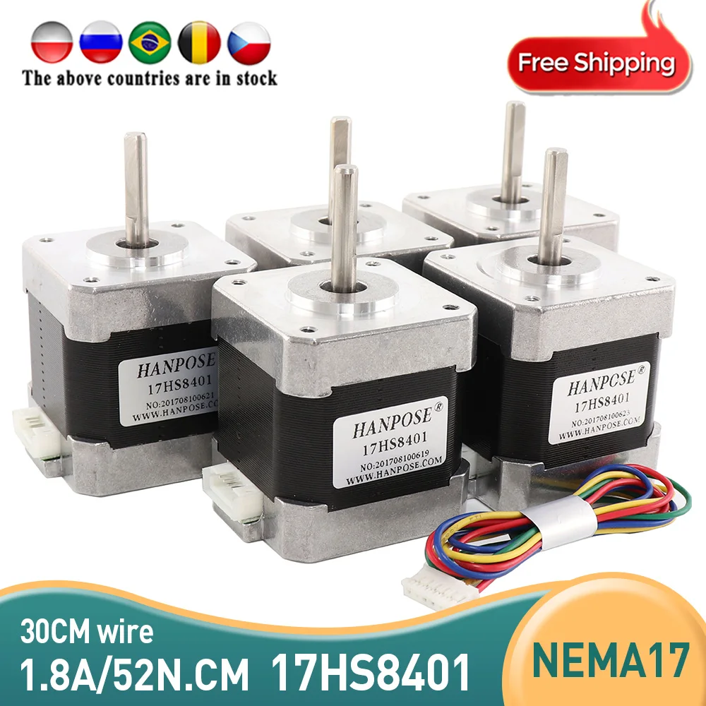 

Free Shipping 5pcs 4-lead Nema17 Stepper Motor 48mm 78Oz-in 1.8A 52N.CM 42 motor 42BYGH 17HS8401 motor for CNC and 3D printer