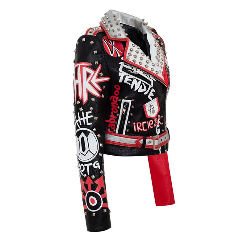 Punk Style DJ Costume Faux Leather Jacket Women Foosters Pattern Rivet High Waist Motor Jackets