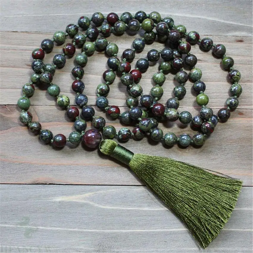 8mm Natural Dragon Blood Jasper 108 Beads Tassel Mala Necklace Religious Buddhism Unisex Wrist Blessing