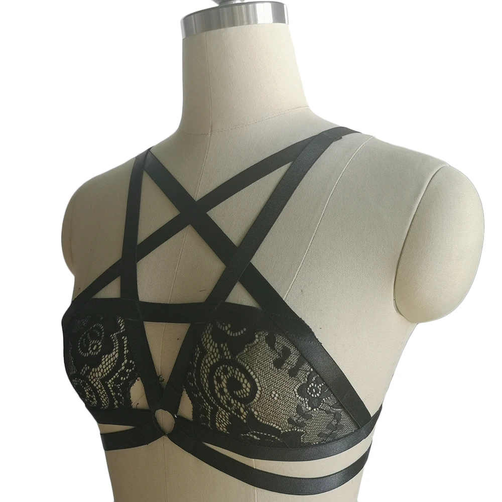 Renda Hitam Harness Bra Perspektif Seksi Pentagram Tubuh Memanfaatkan Wanita Gothic Bondage Lingerie Crop Top Tubuh Kandang