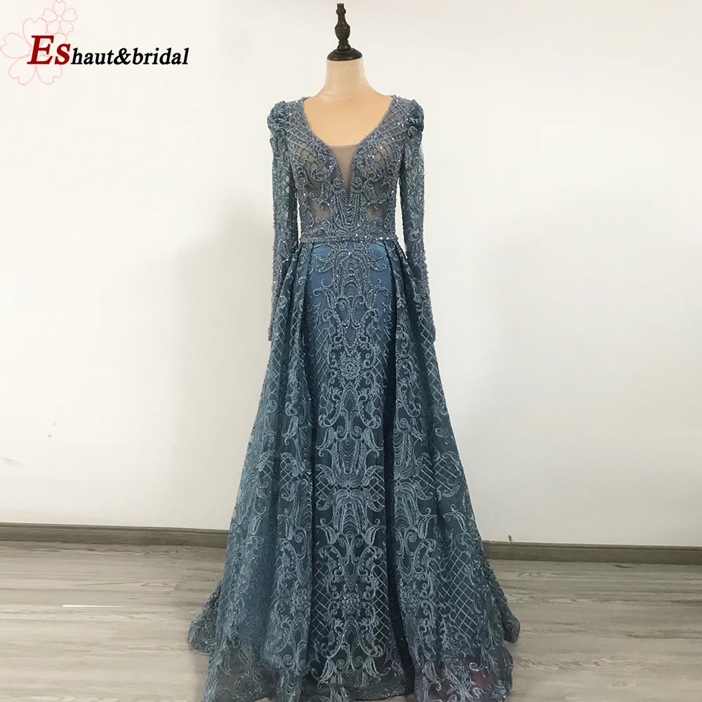 Dubai Volle Spitze Hochzeit Abend Nacht Kleider für Frauen 2023 Meerjungfrau V-ausschnitt Mit Langen Ärmeln Kristall Handmade Formales Partei Kleid