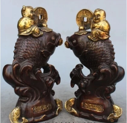 RHS0200 9" Chinese Bronze Gilt Money Wealth Rich Lad Boy Girl Garr Ride Fish Statue Pair