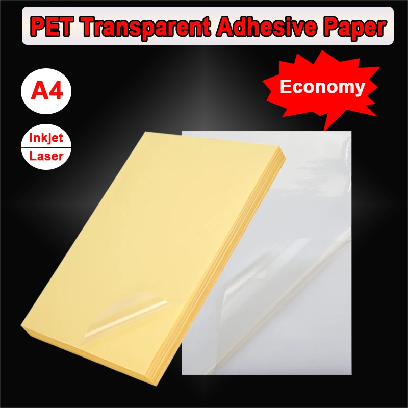 Papel adhesivo PET transparente, adhesivo económico A4, impermeable, antiarañazos, para impresora de inyección de tinta o láser