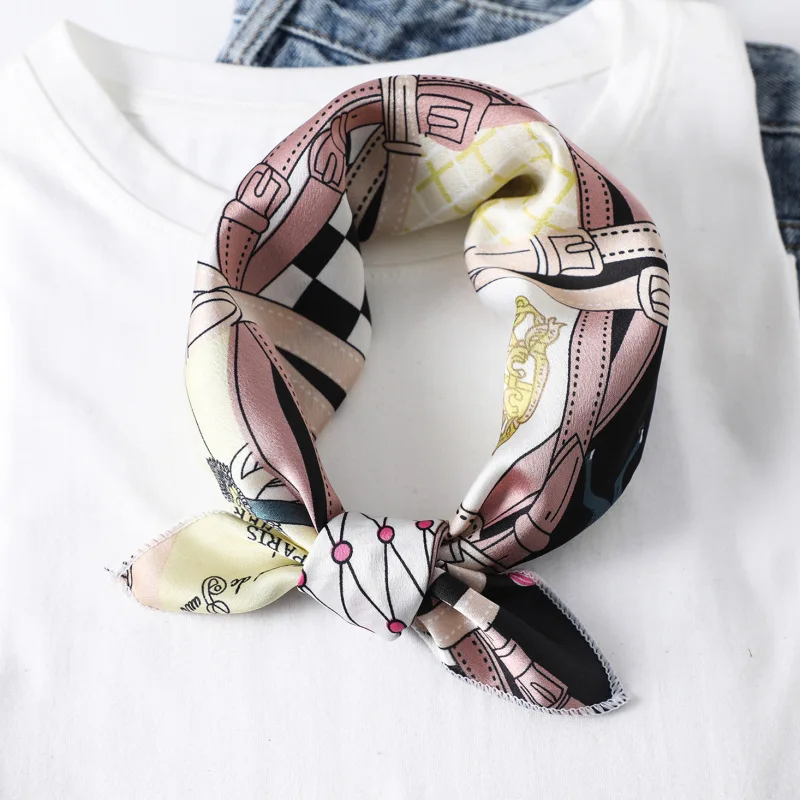 Square Silk Scarf Women Print Small Neck Scarves Office Female Hair Tie Band Waps Foulard Hand Kerchief Lady Elegant Retro Shawl