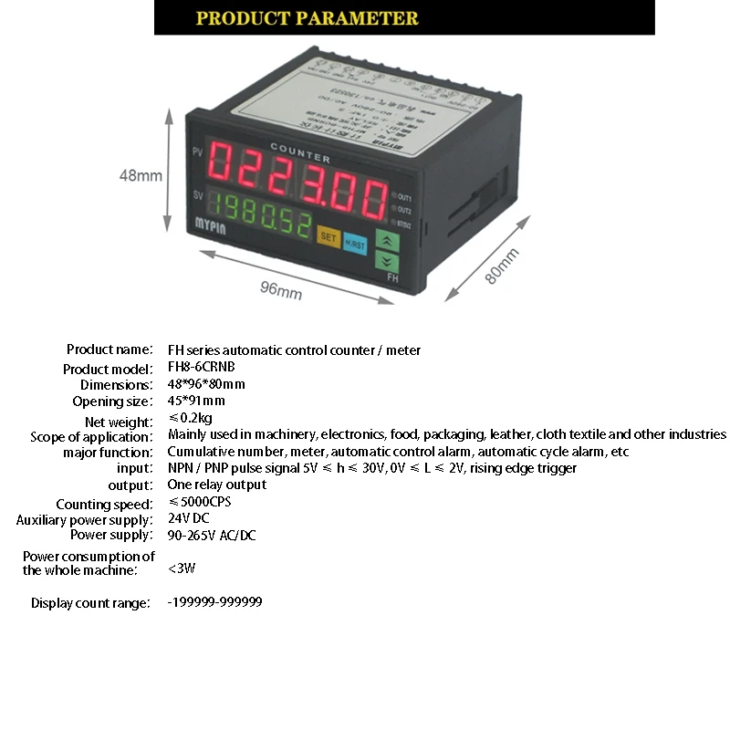 Contador MYPIN Mini medidor de longitud por lotes, 1 salida de relé preestablecido, medidor de conteo práctico, 90-260V CA/CC, máquina de horas