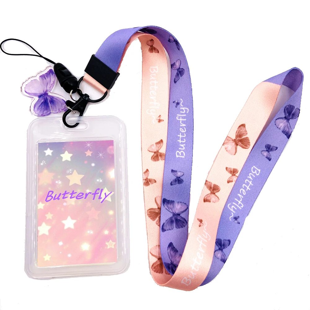 Beatiful Purple Pink Butterfly Key Lanyards Neck Strap ID Card Mobile Phone Strap USB Badge Holder Rope Key Chain Gifts