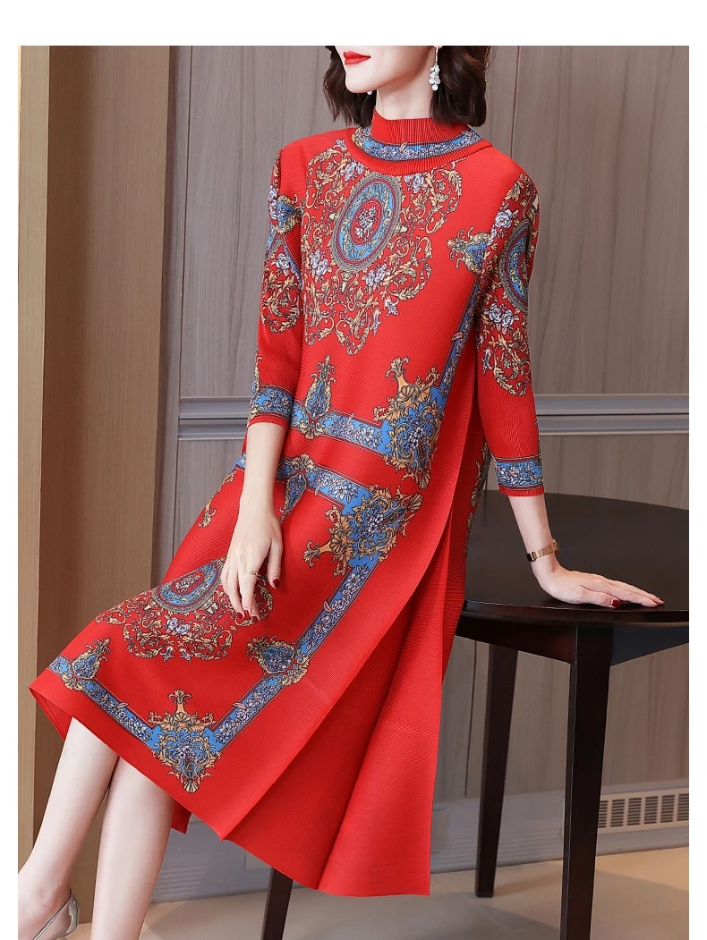 Female Red Knitted Fashion Print Midi Dress Autumn Winter Korean Vintage Loose Waist Dress 2024 New Elegant Bodycon Casual Dress