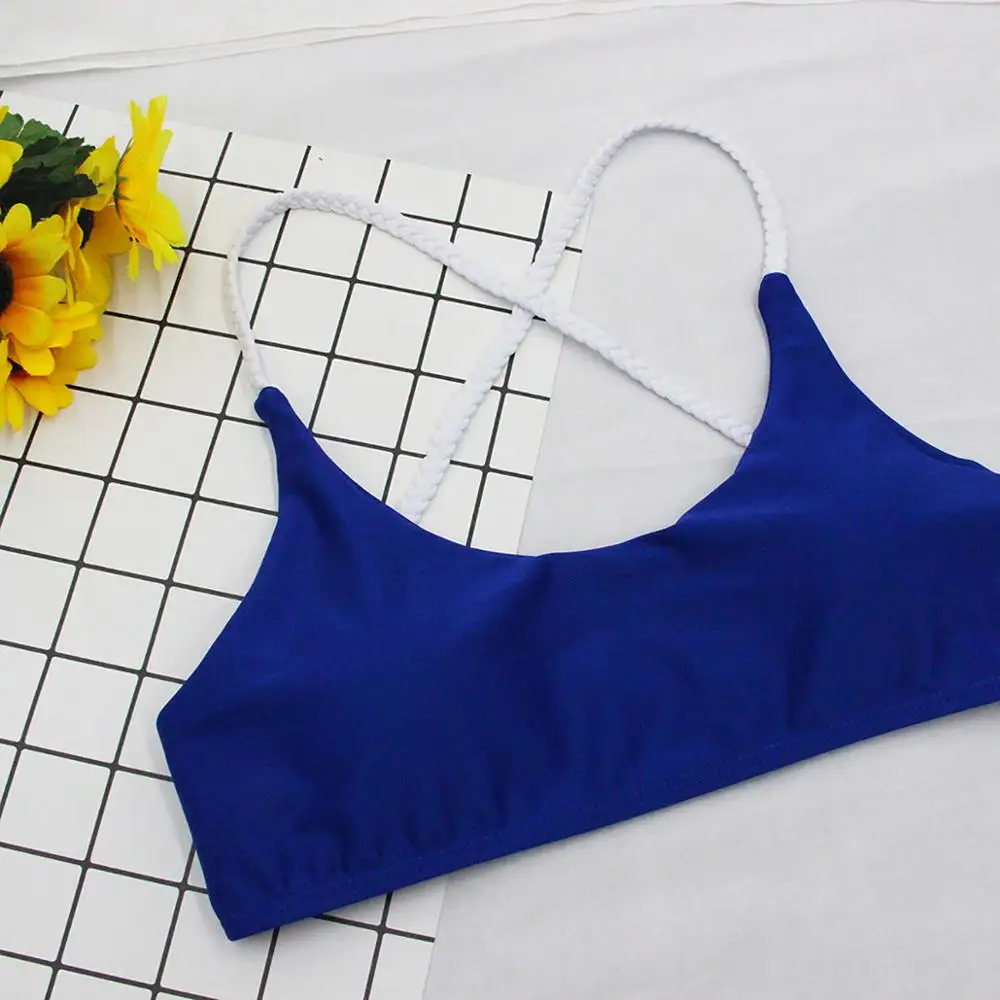 Bikini liso azul para mujer, traje de baño pequeño con relleno de realce, sin aros, con almohadilla para el pecho, 2024